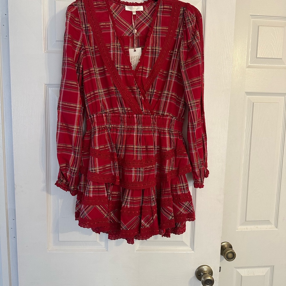 NWT Love Shack Fancy Milena Plaid Long Sleeve Mini Dress - Picture 3 of 7